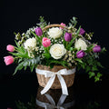 Tulip Basket with Pink & Purple Tulips and White Roses bloomsandbeansae