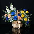 Vibrant Blue & Yellow Rose Basket with Carnations bloomsandbeansae