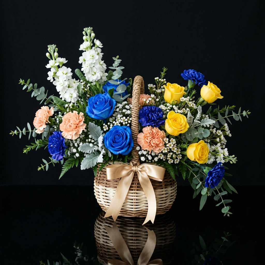 Vibrant Blue & Yellow Rose Basket with Carnations bloomsandbeansae