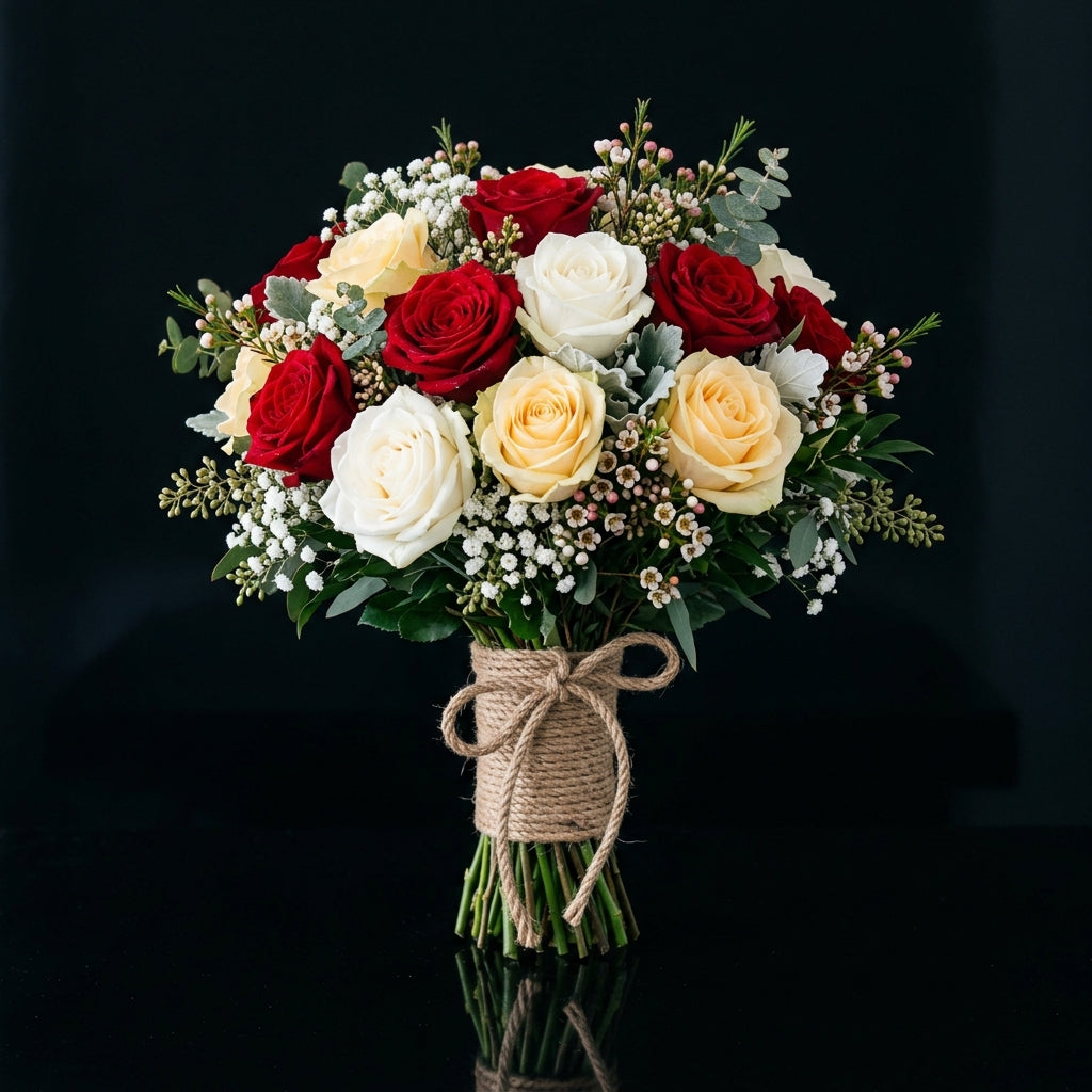 Vibrant Bridal Bouquet of Red, White & Yellow Roses bloomsandbeansae