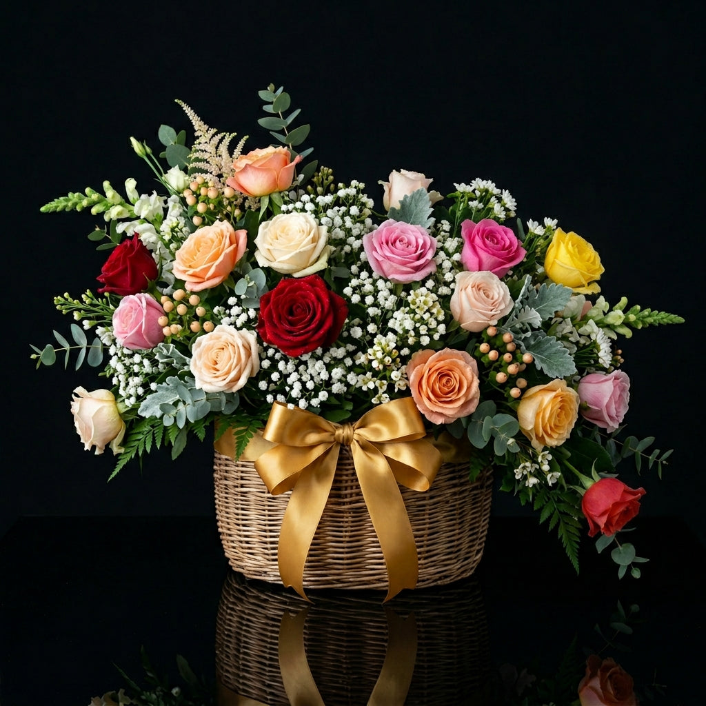 Vibrant Multicolor Rose Basket with Elegant Golden Ribbon bloomsandbeansae