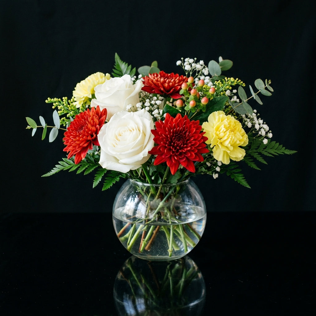 Vibrant Small Round Vase with Roses, Carnations & Chrysanthemum bloomsandbeansae