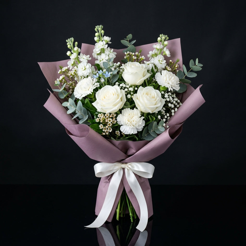 White Bouquet of Roses, Carnations & Matthiola for Father’s Day bloomsandbeansae