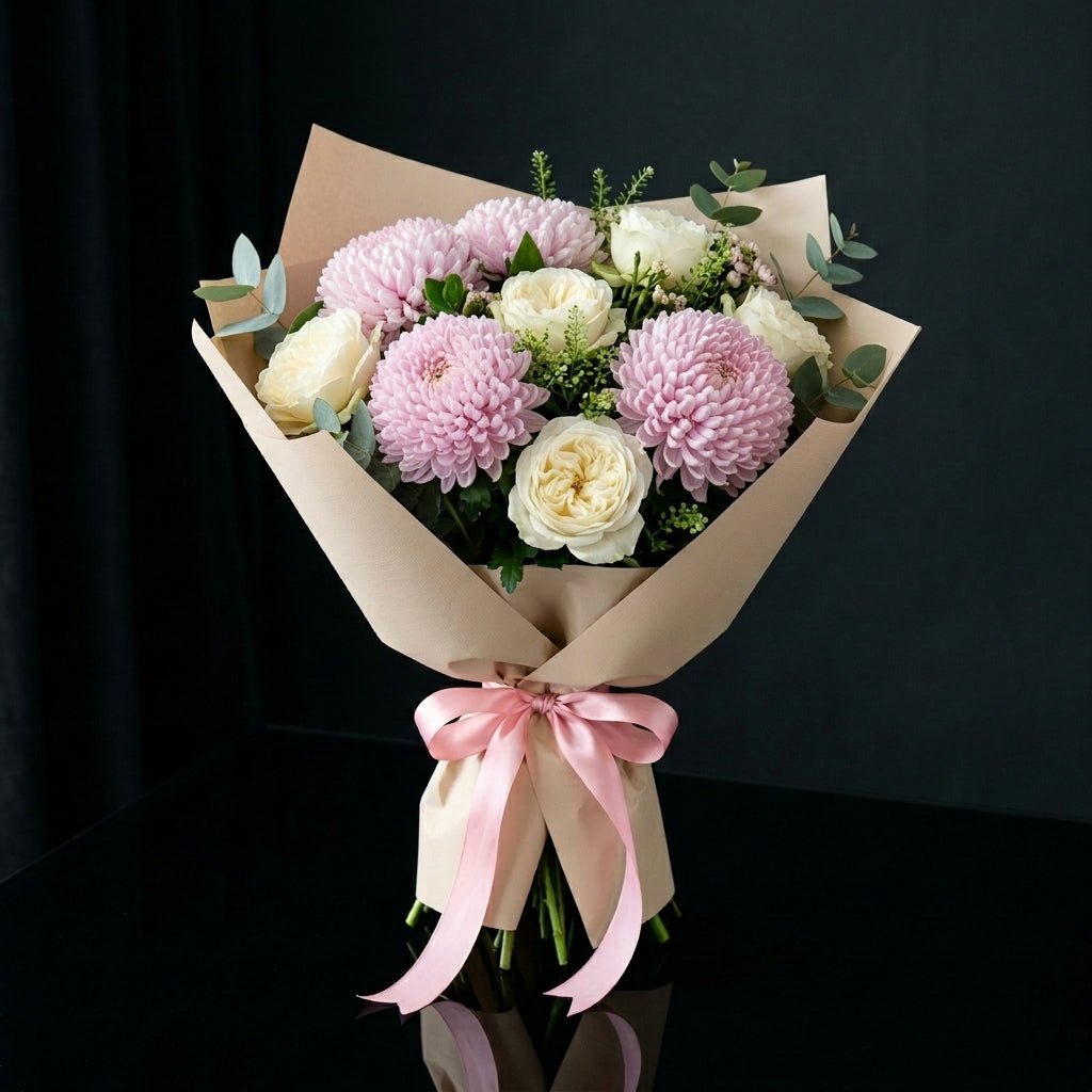 White Roses & Pink Chrysanthemum Bouquet bloomsandbeansae