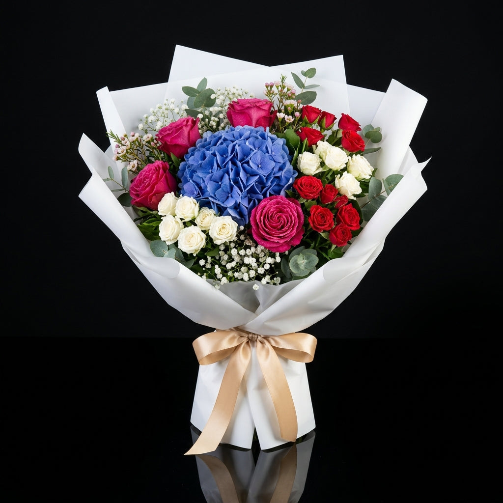 Women’s Day Blue Hydrangea & Mixed Rose Bouquet bloomsandbeansae