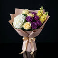 Women’s Day Bright Yellow & Purple Hydrangea Rose Bouquet bloomsandbeansae