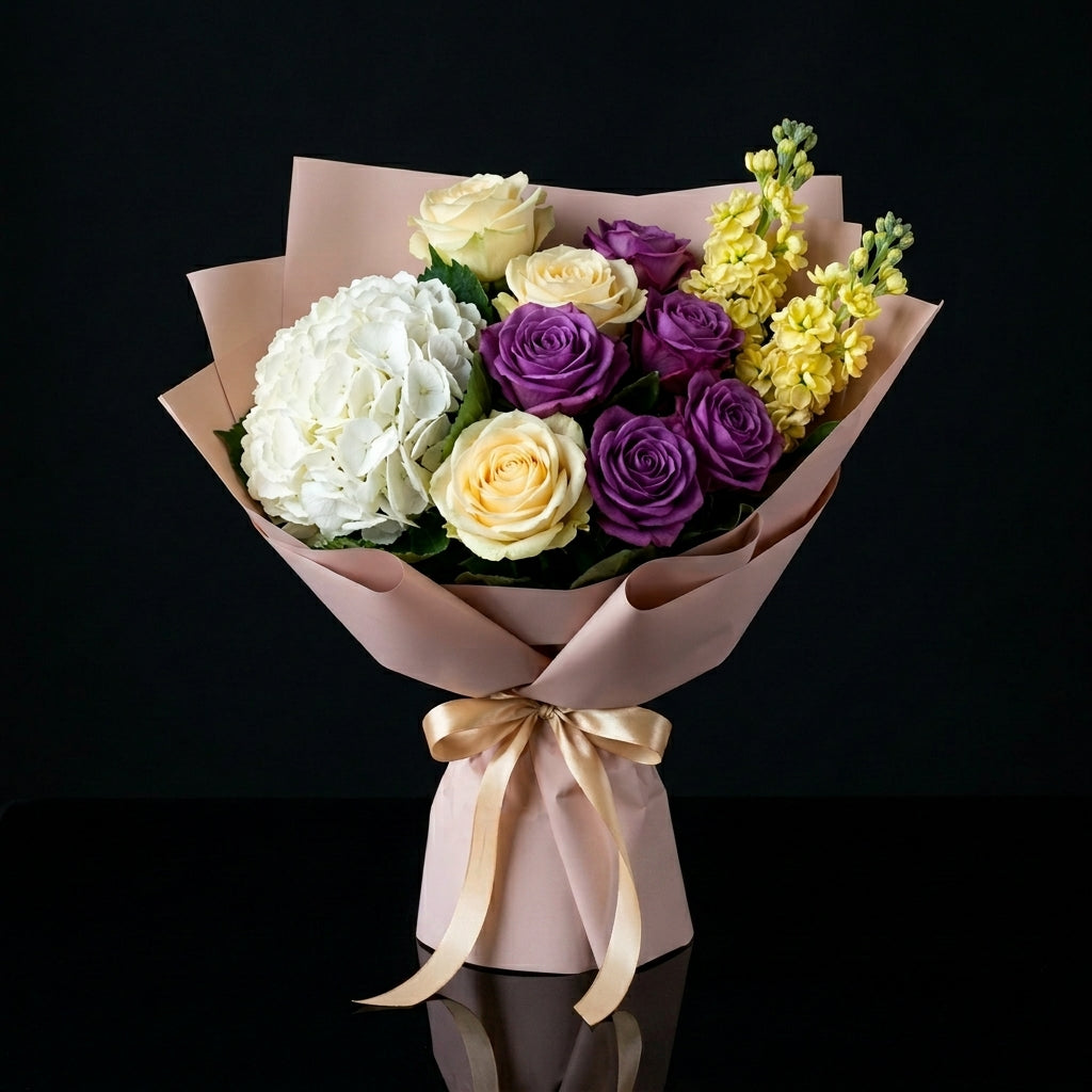 Women’s Day Bright Yellow & Purple Hydrangea Rose Bouquet bloomsandbeansae