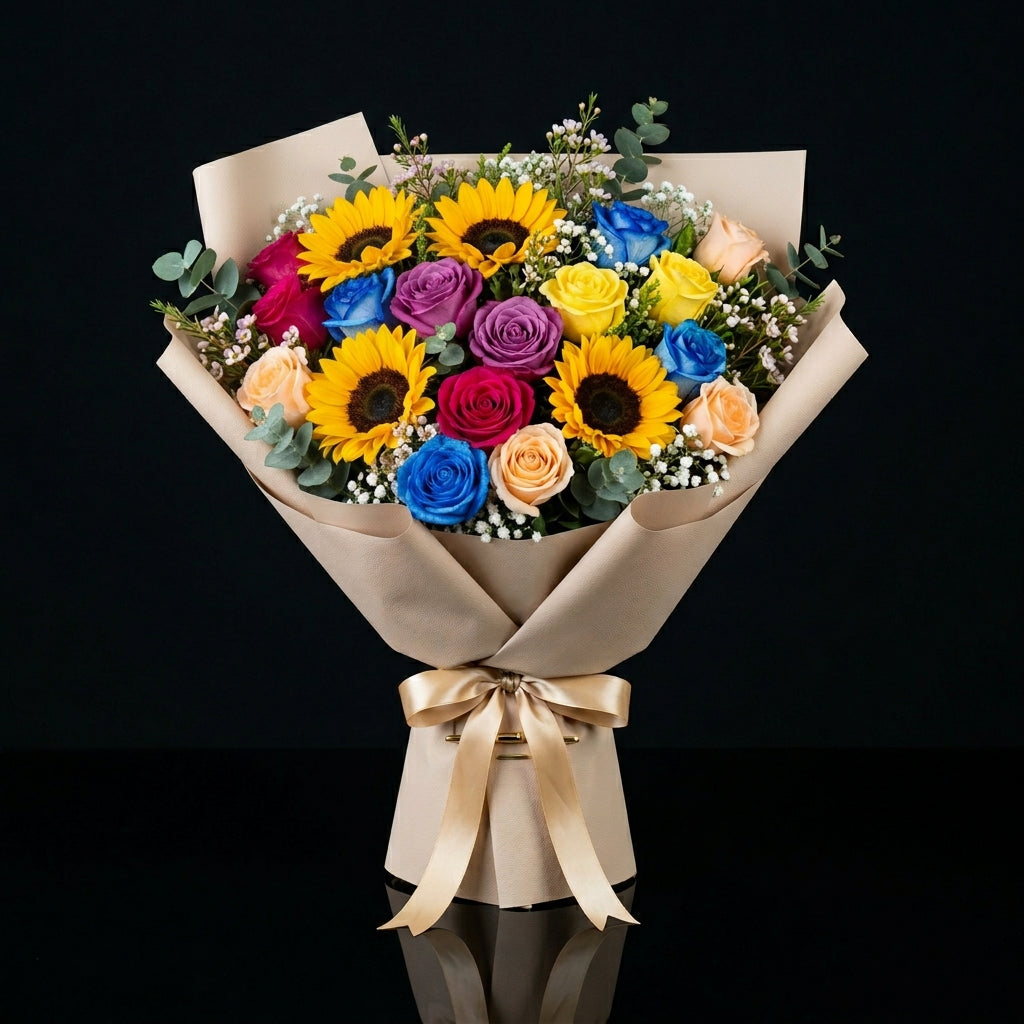 Women’s Day Luxury Multicolor Rose & Sunflower Bouquet bloomsandbeansae