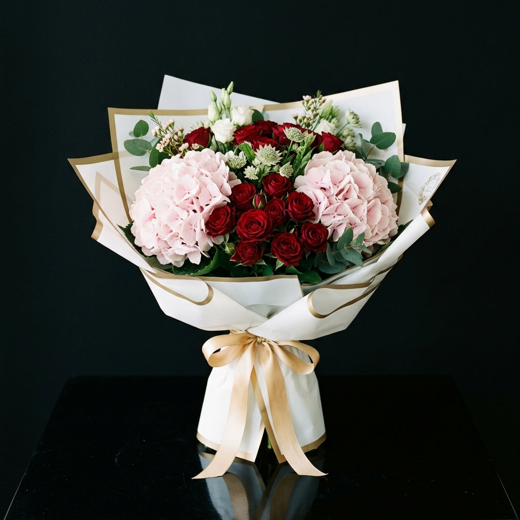 Women’s Day Pink Hydrangea & Red Baby Rose Bouquet bloomsandbeansae