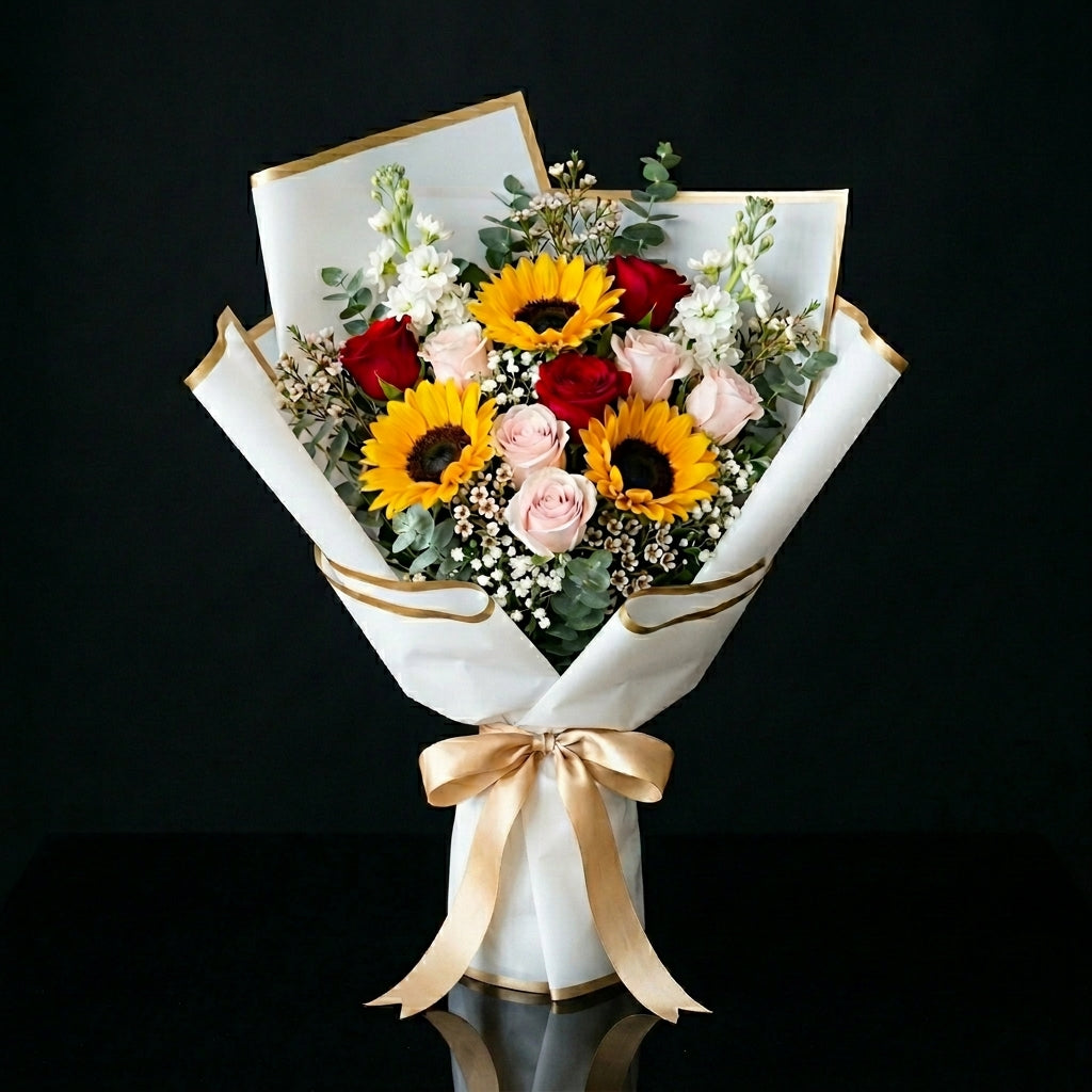 Women’s Day Pink, Red & Sunflower Celebration Bouquet bloomsandbeansae