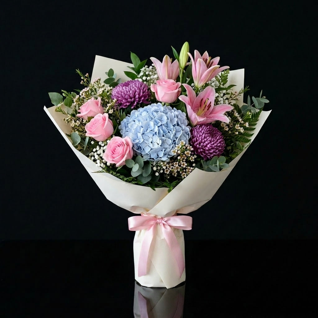 Women’s Day Soft Pink Rose & Purple Hydrangea Bouquet bloomsandbeansae
