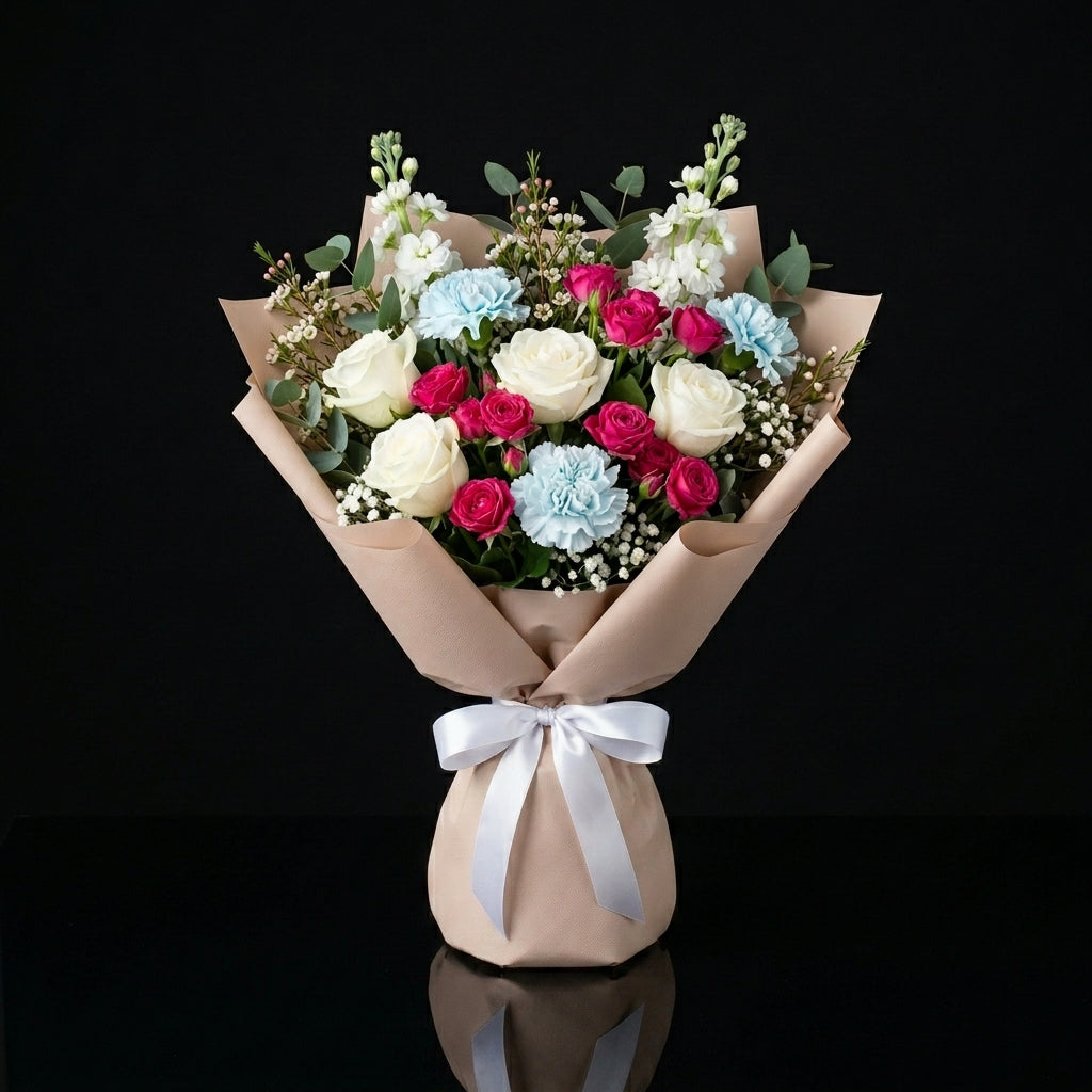Women’s Day White Rose & Blue Carnation Grace Bouquet bloomsandbeansae