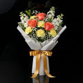 Yellow Carnations, Peach Roses & White Matthiola Bouquet for Birthday bloomsandbeansae