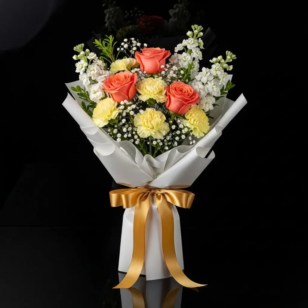 Yellow Carnations, Peach Roses & White Matthiola Bouquet for Birthday bloomsandbeansae