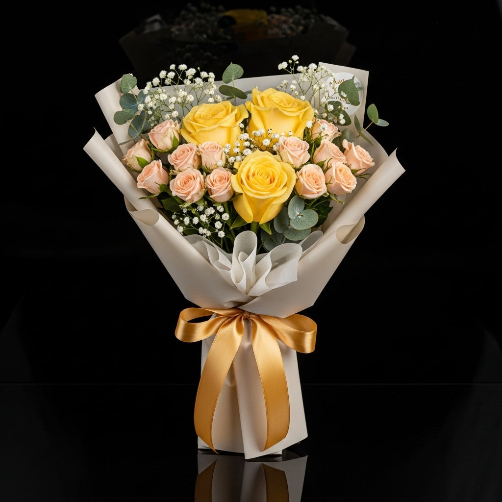 Yellow & Peach Roses Golden Milestone Bouquet bloomsandbeansae