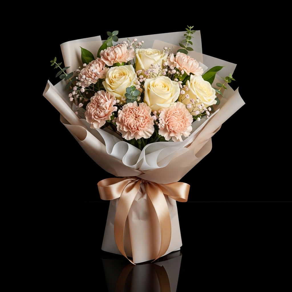 Yellow Roses & Peach Carnations Sunshine Bouquet bloomsandbeansae