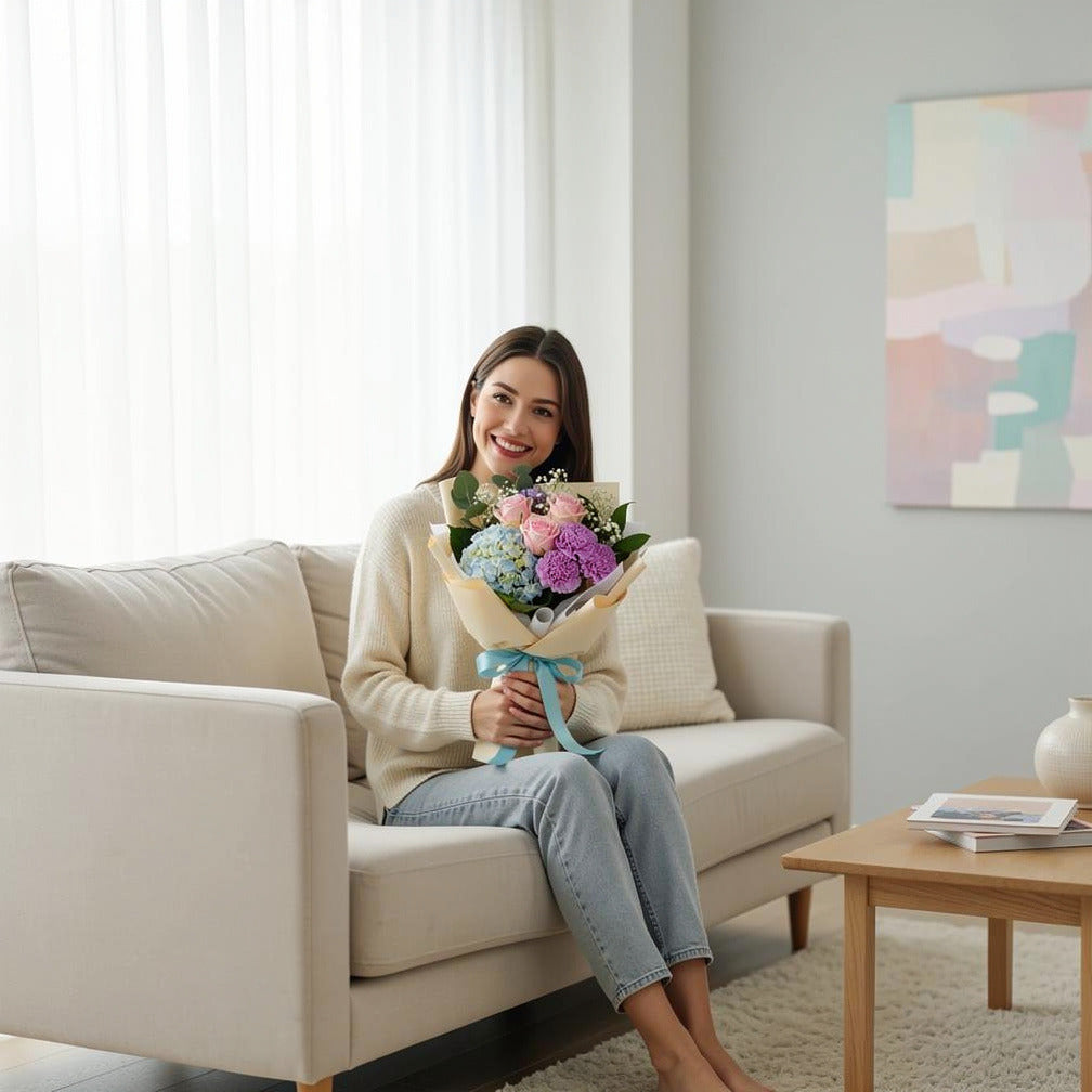 Achiever’s Roses, Carnations & Hydrangea Bouquet held by a model, view 3
