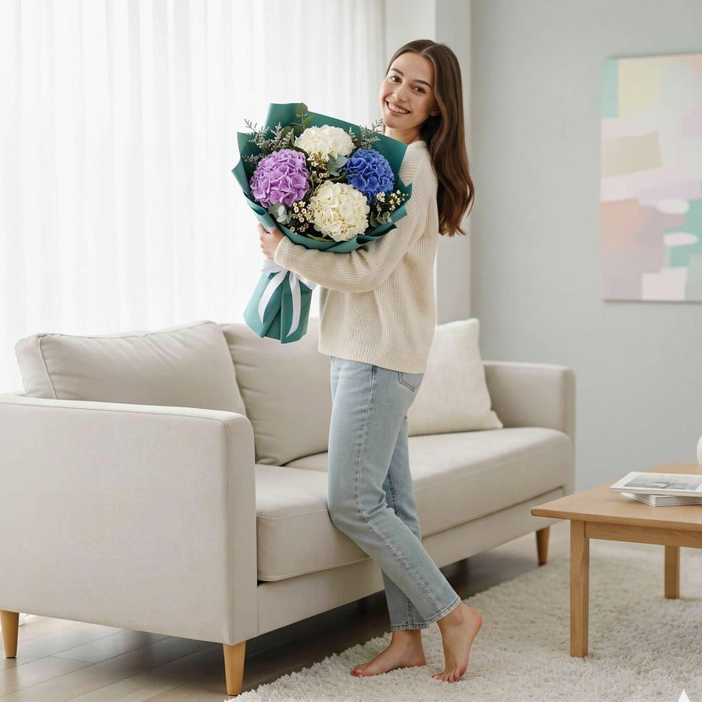 Adorable Mixed Hydrangea Bouquet held by a model, view 2