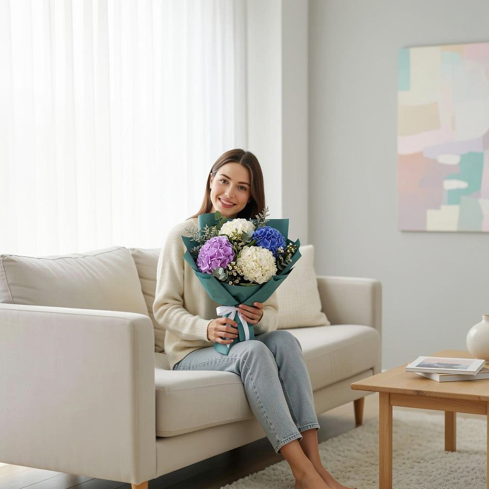 Adorable Mixed Hydrangea Bouquet held by a model, view 3