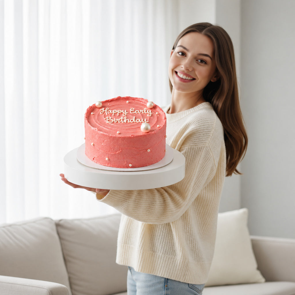 Adorable Pink Vanilla Dream Cake held by a model, view 1