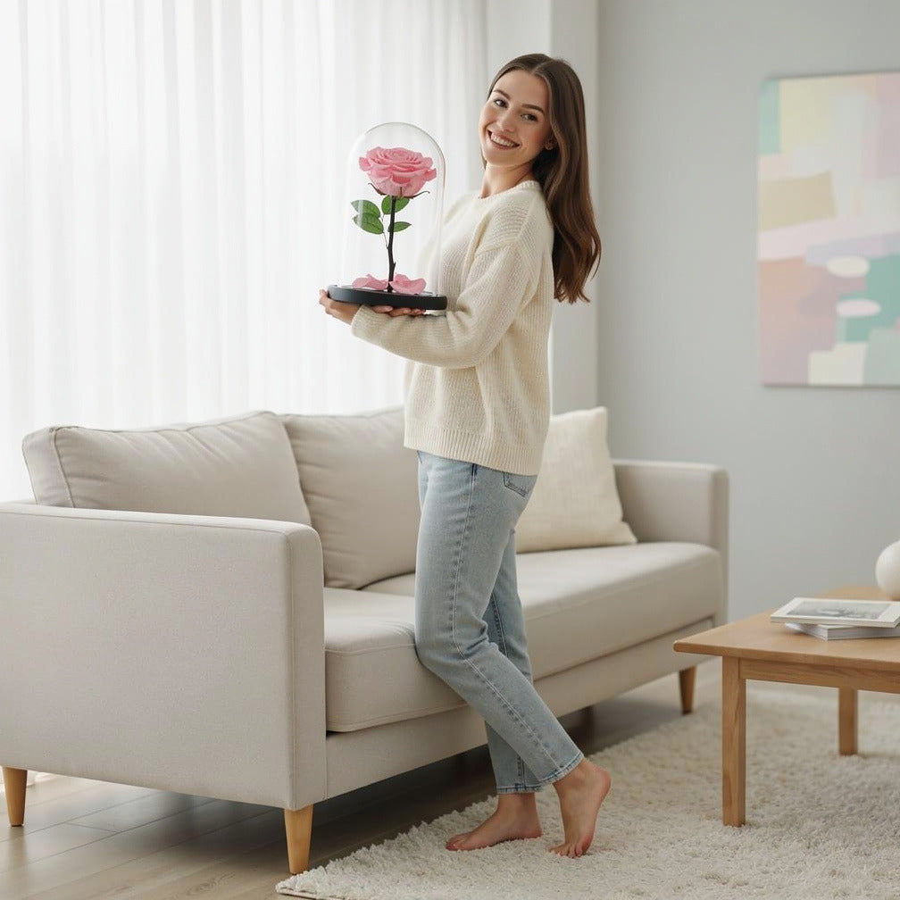 Baby Pink Medium Preserved Rose held by a model, view 2