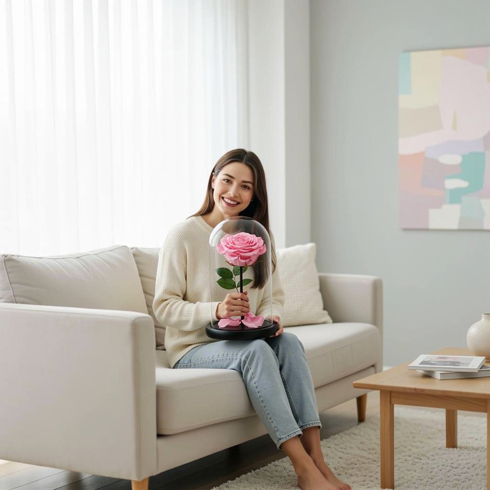 Baby Pink Medium Preserved Rose held by a model, view 3