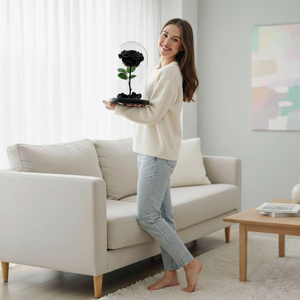 Black Medium Preserved Rose held by a model, view 2
