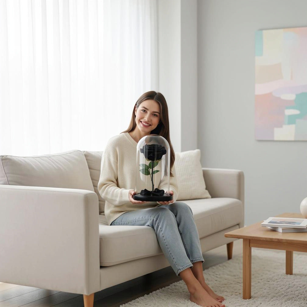 Black Medium Preserved Rose held by a model, view 3