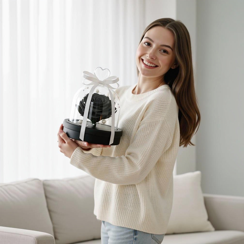 Black Small Preserved Rose held by a model, view 1