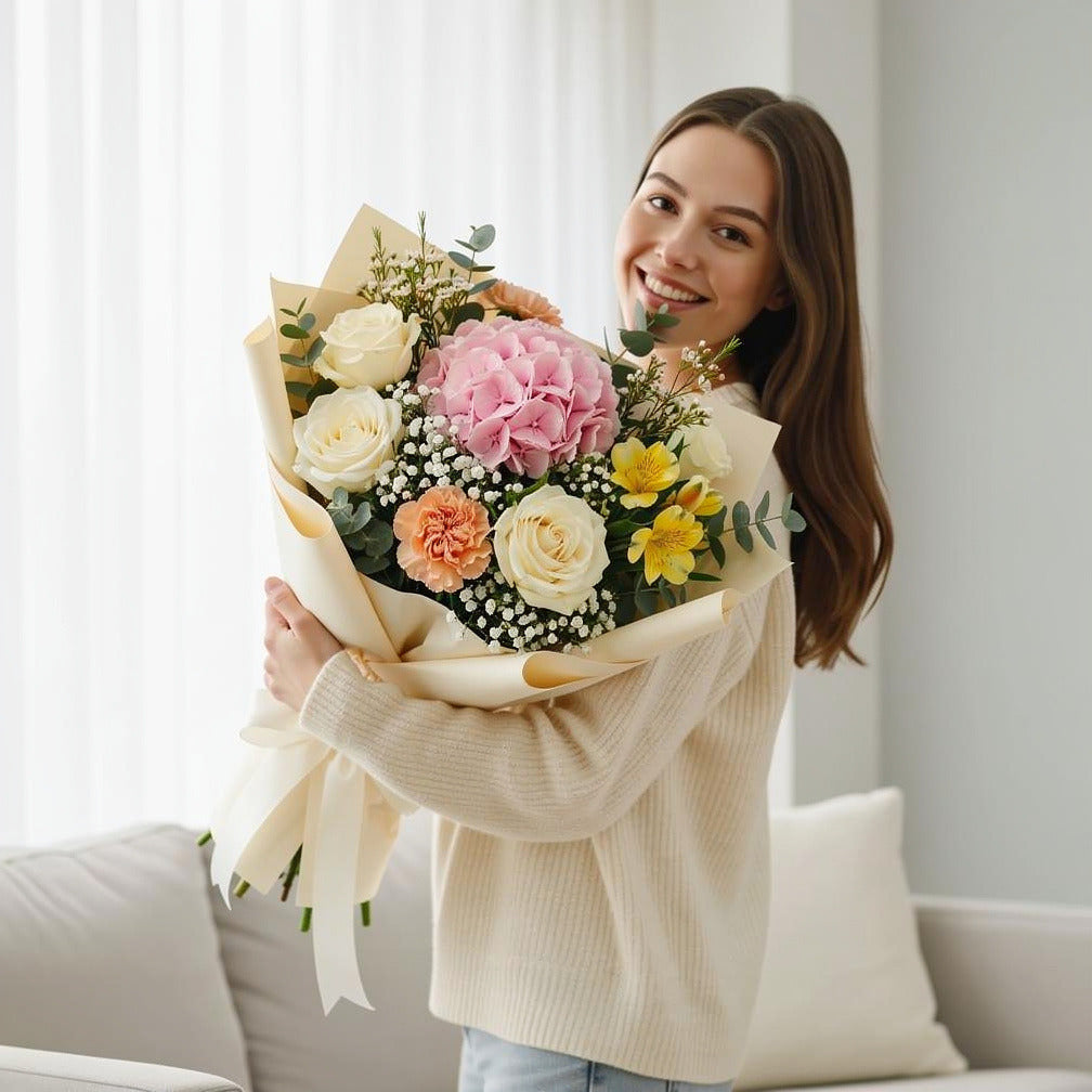Bloom of Eid Bouquet of White Roses & Pink Hydrangea held by a model, view 1