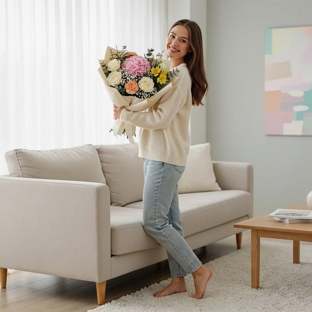 Bloom of Eid Bouquet of White Roses & Pink Hydrangea held by a model, view 2