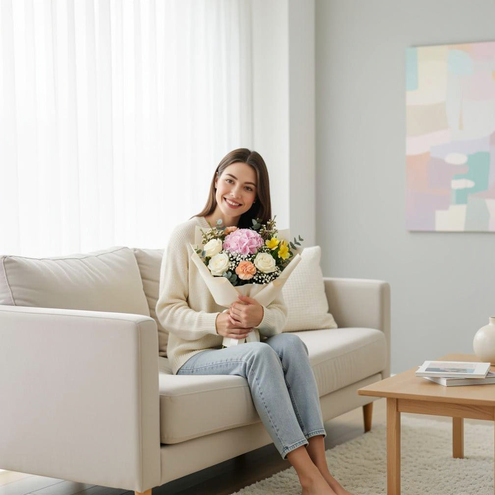 Bloom of Eid Bouquet of White Roses & Pink Hydrangea held by a model, view 3