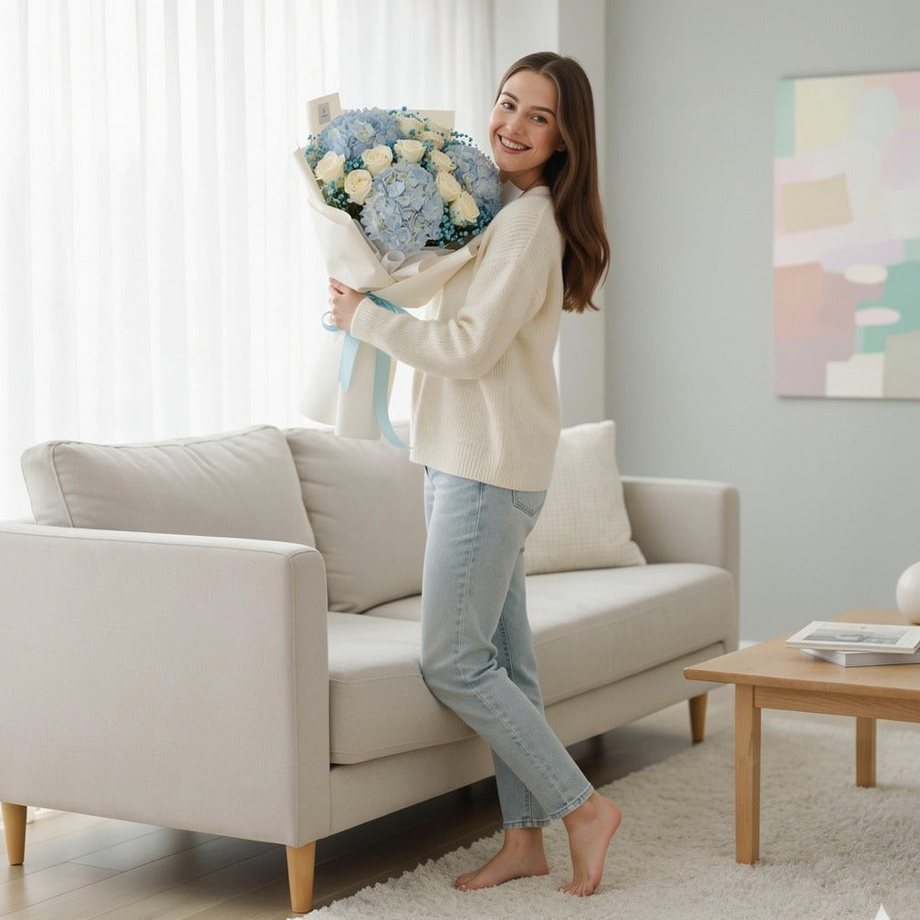 Blue Hydrangea & White Rose Bouquet for Birthday held by a model, view 2
