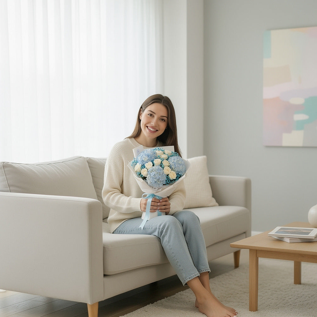 Blue Hydrangea & White Rose Bouquet for Birthday held by a model, view 3