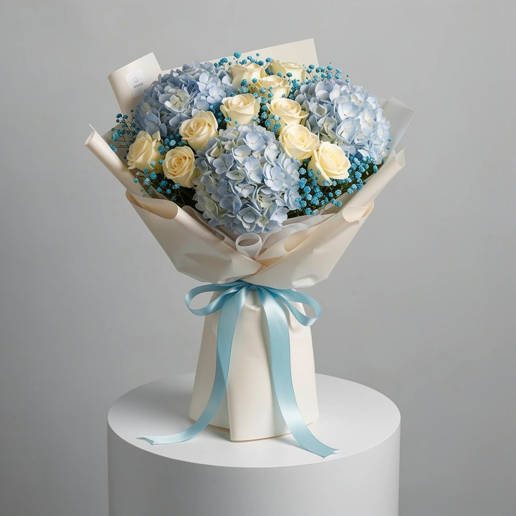 Blue Hydrangea & White Rose Bouquet for Birthday