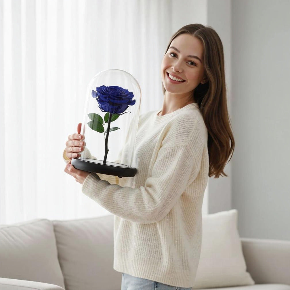 Blue Medium Preserved Rose held by a model, view 1