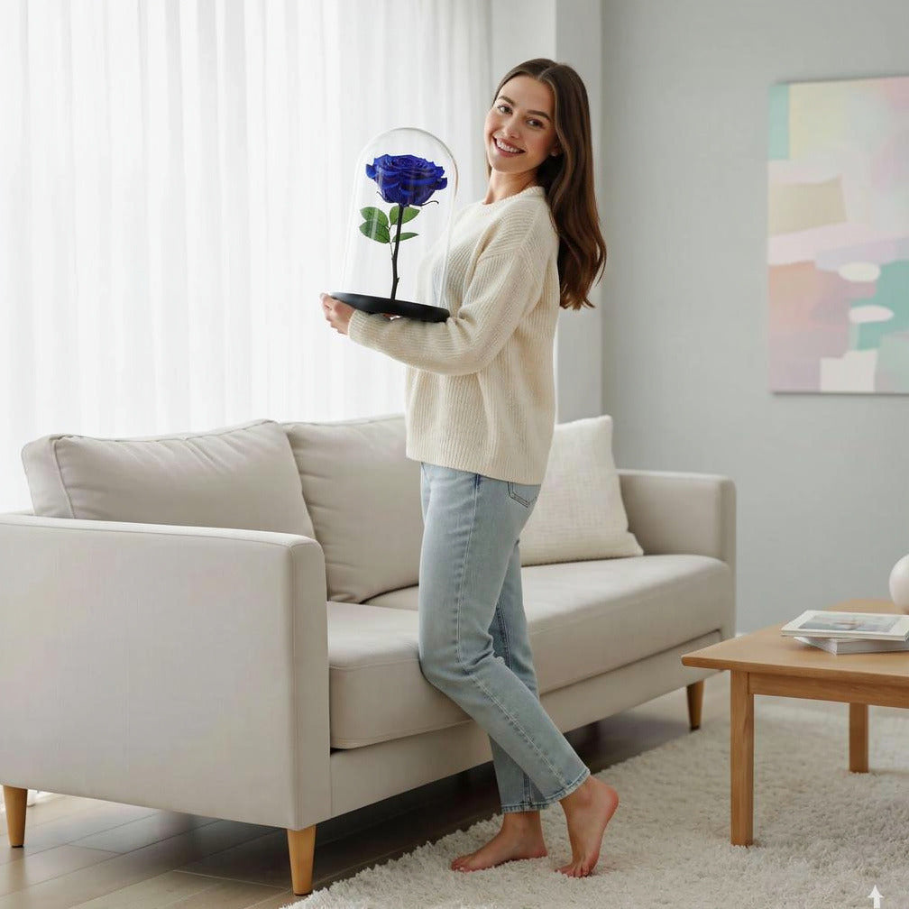 Blue Medium Preserved Rose held by a model, view 2