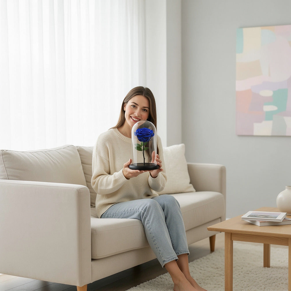 Blue Medium Preserved Rose held by a model, view 3