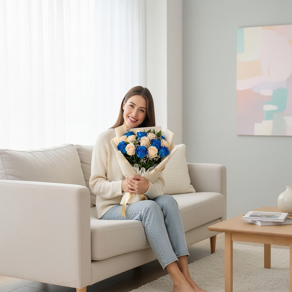 Blue & Peach Roses Graduation Bouquet held by a model, view 3