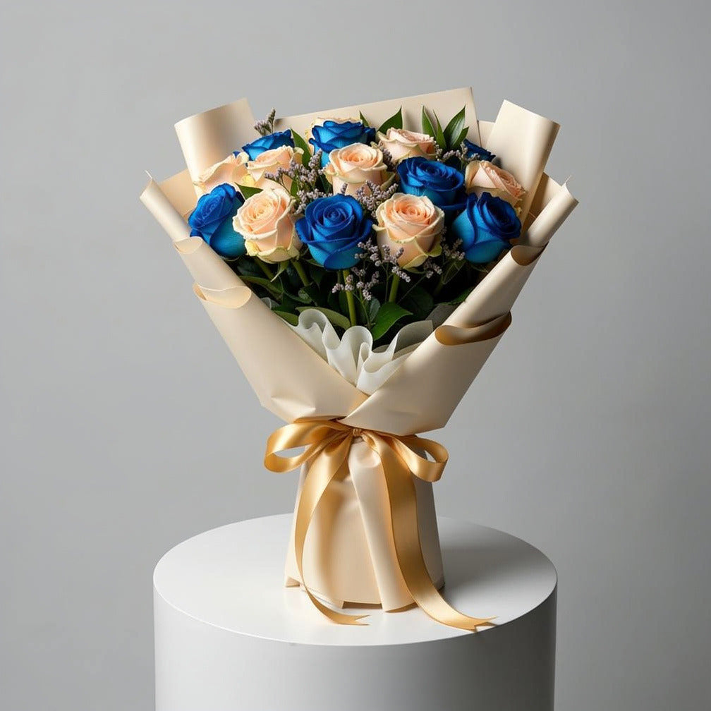 Blue & Peach Roses Graduation Bouquet