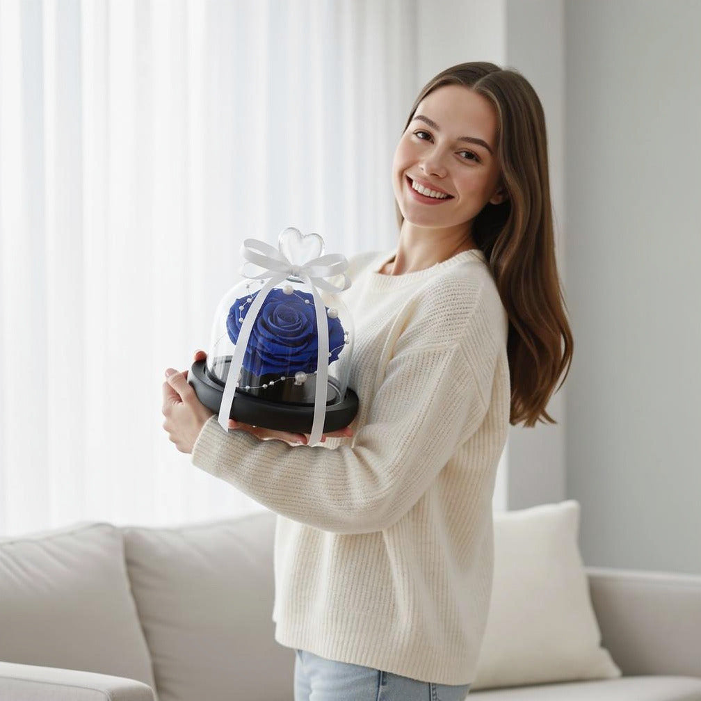 Blue Small Preserved Rose held by a model, view 1