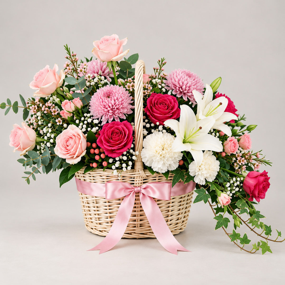 Blush Pink Rose & Lily Basket with Cascading Ivy