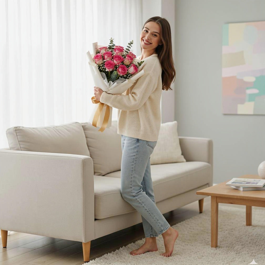 Blush Success Pink Roses Graduation Bouquet held by a model, view 2