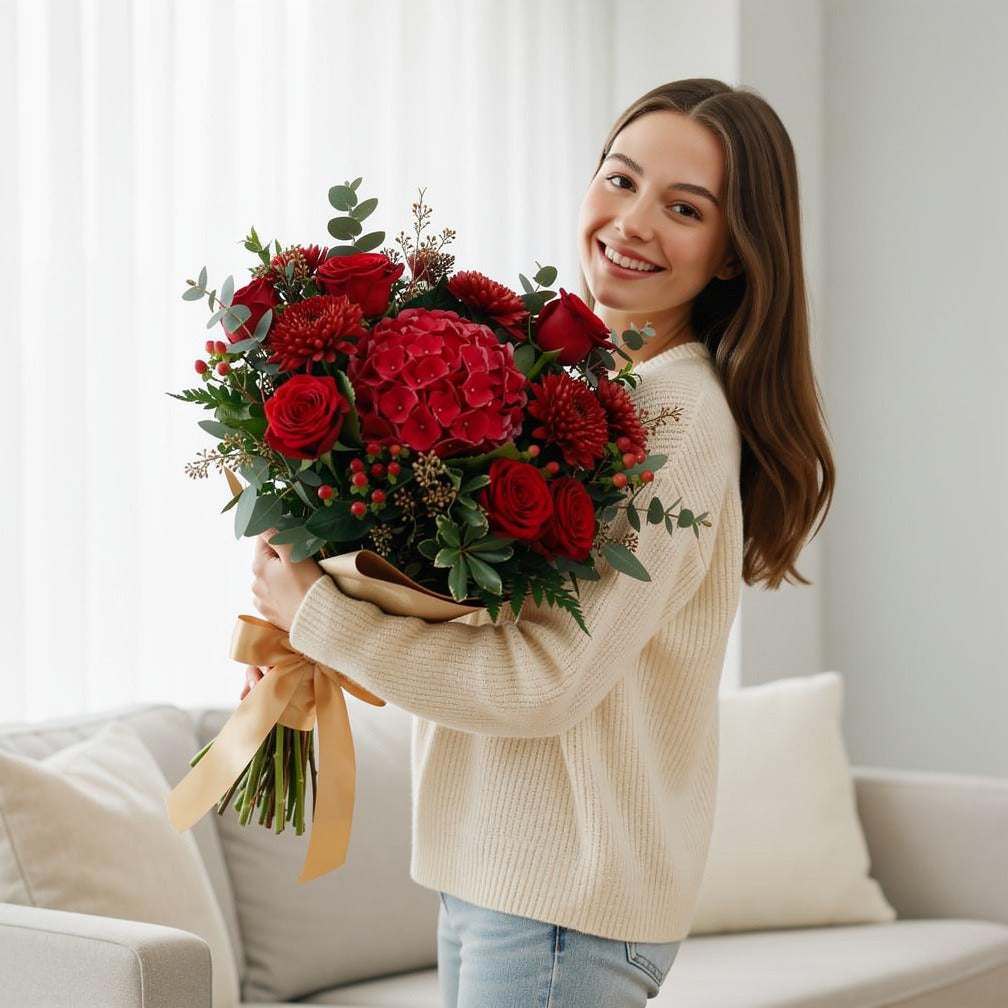 Bold Bridal Bouquet of Red Roses, Chrysanthemums & Hydrangea held by a model, view 1