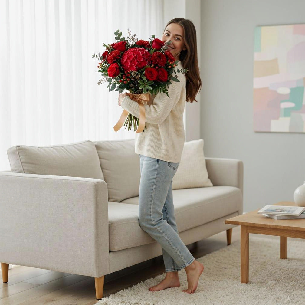 Bold Bridal Bouquet of Red Roses, Chrysanthemums & Hydrangea held by a model, view 2