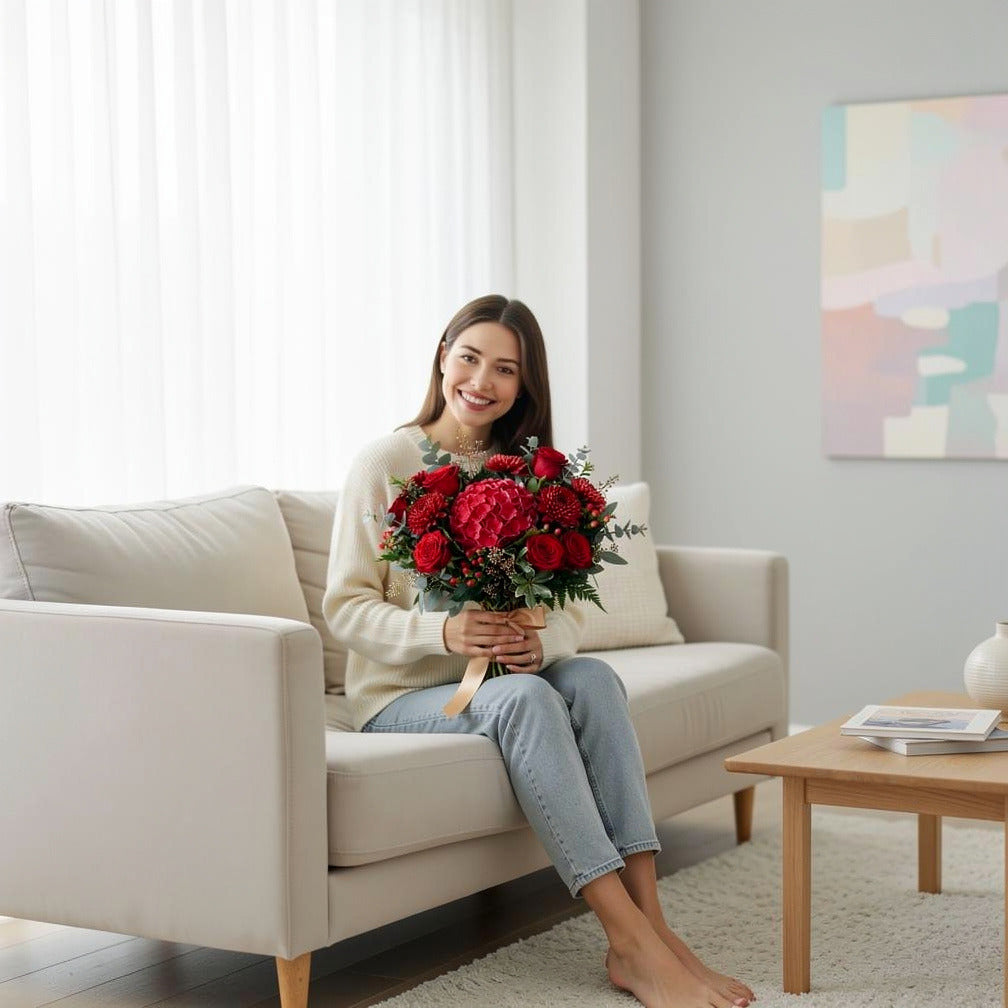 Bold Bridal Bouquet of Red Roses, Chrysanthemums & Hydrangea held by a model, view 3