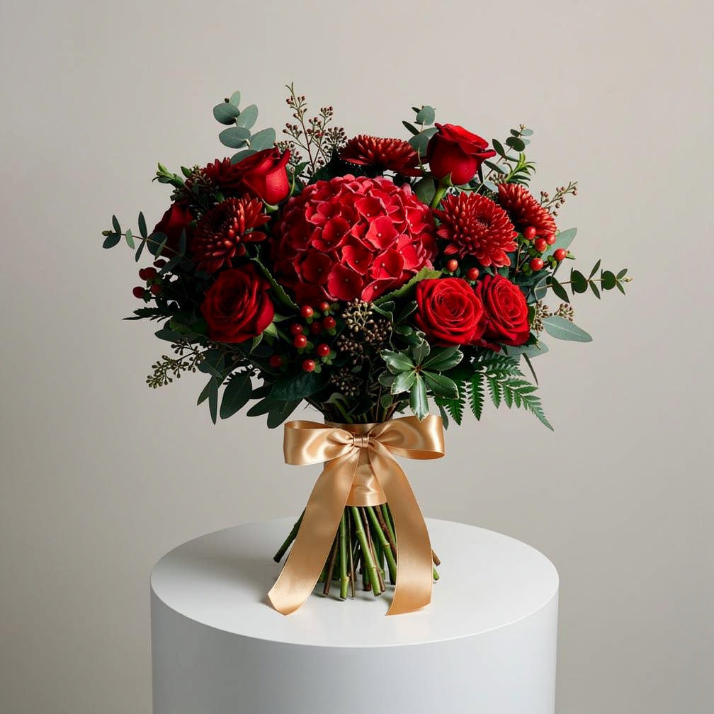 Bold Bridal Bouquet of Red Roses, Chrysanthemums & Hydrangea