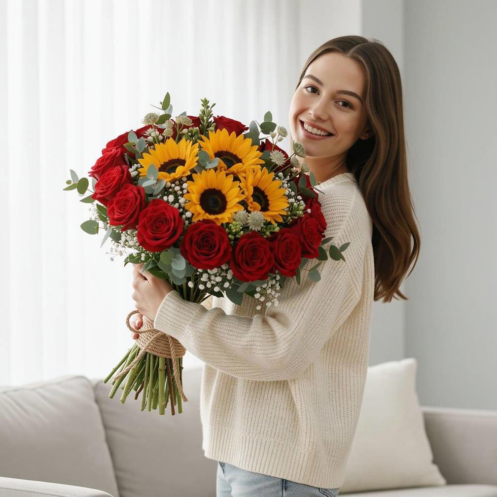 Bold Bridal Bouquet of Sunflowers & Red Roses held by a model, view 1