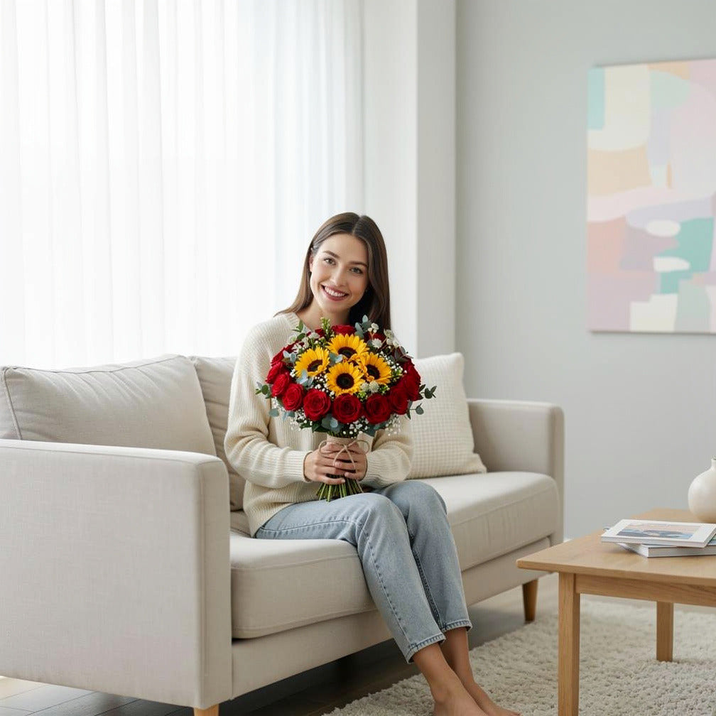 Bold Bridal Bouquet of Sunflowers & Red Roses held by a model, view 3