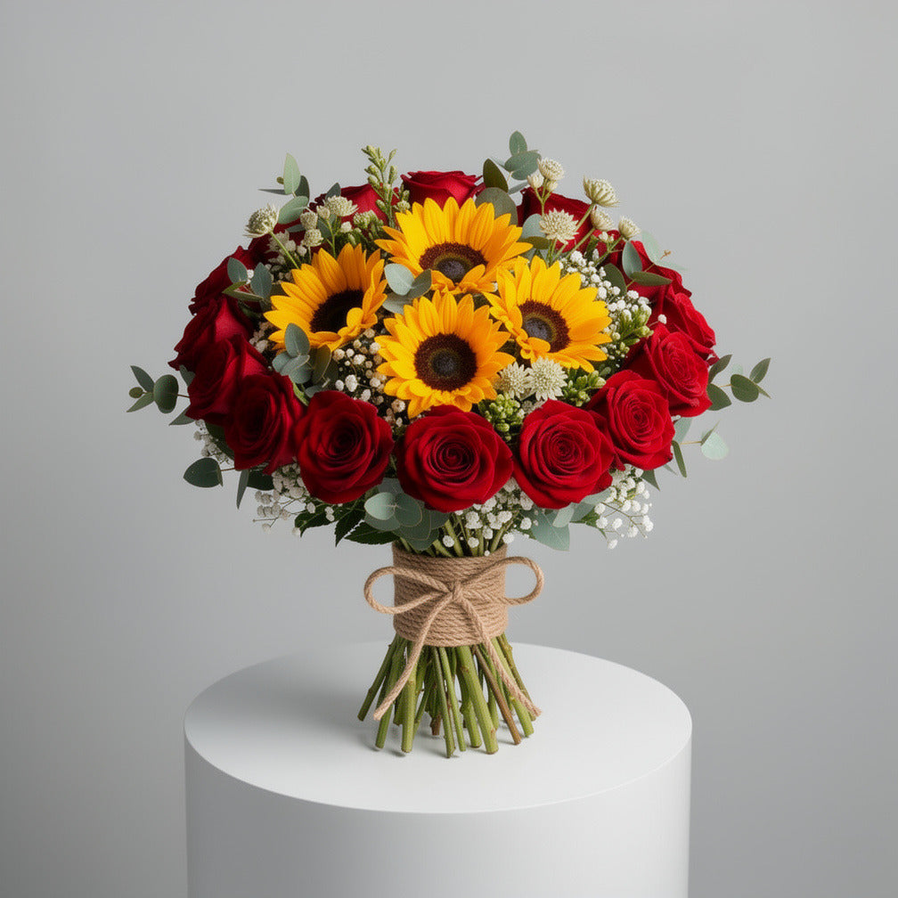 Bold Bridal Bouquet of Sunflowers & Red Roses
